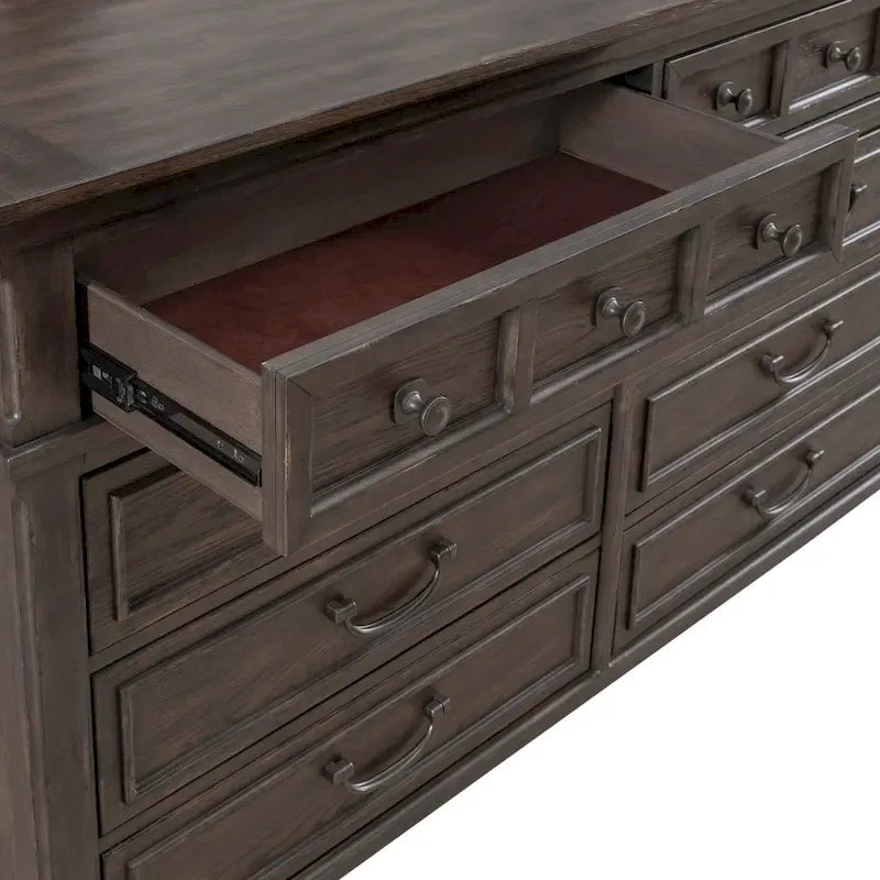 Lit à panneaux marron selle, commode et miroir, et table de chevet