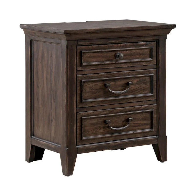 Lit à panneaux marron selle, commode et miroir, et table de chevet