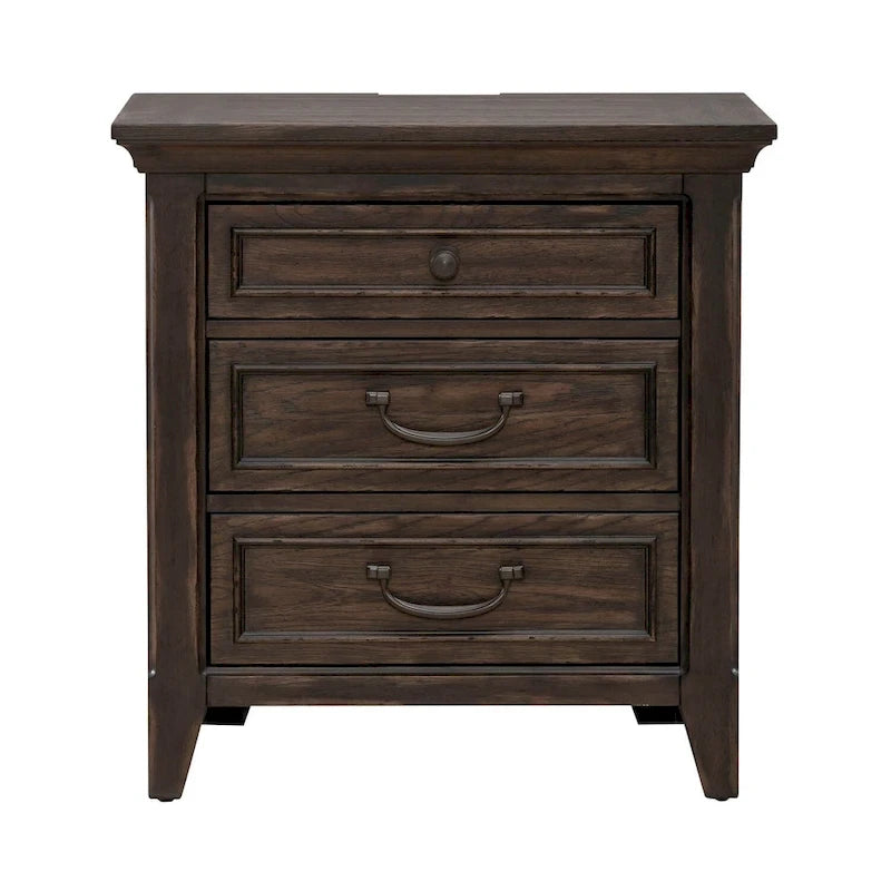 Lit à panneaux marron selle, commode et miroir, et table de chevet