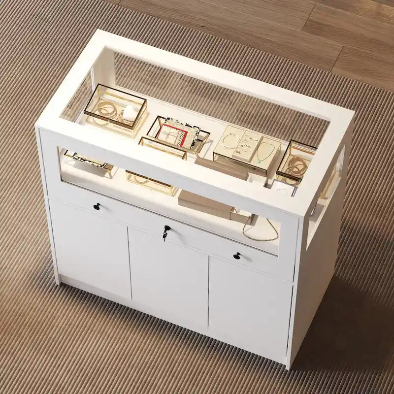 Meuble de présentation et de rangement pour bijoux avec plateau en verre et commode sécurisée