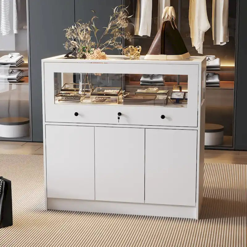 Meuble de présentation et de rangement pour bijoux avec plateau en verre et commode sécurisée