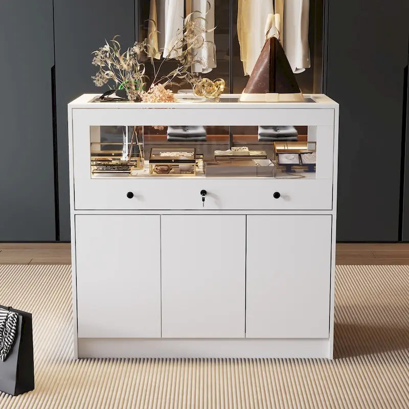 Meuble de présentation et de rangement pour bijoux avec plateau en verre et commode sécurisée