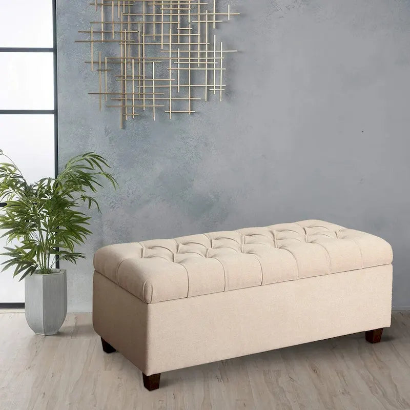 Upholstered Button Tufted Storage Bench, Cream and Brown