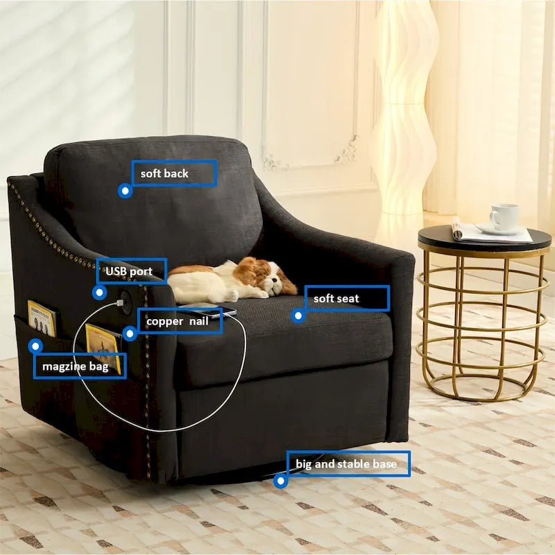 Fauteuil pivotant d'appoint en tissu avec ports USB
