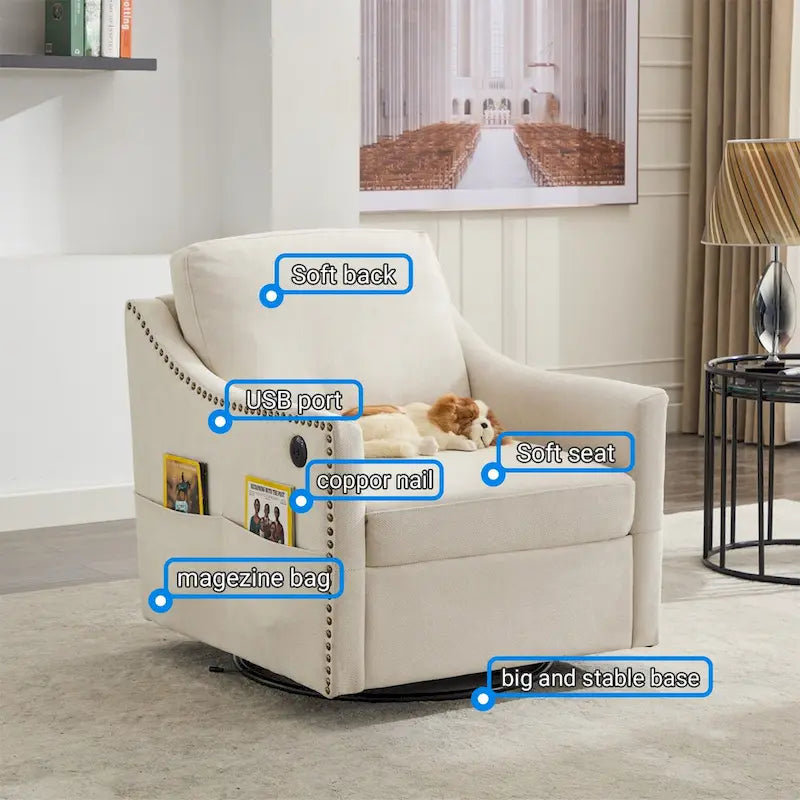 Fauteuil pivotant d'appoint en tissu avec ports USB
