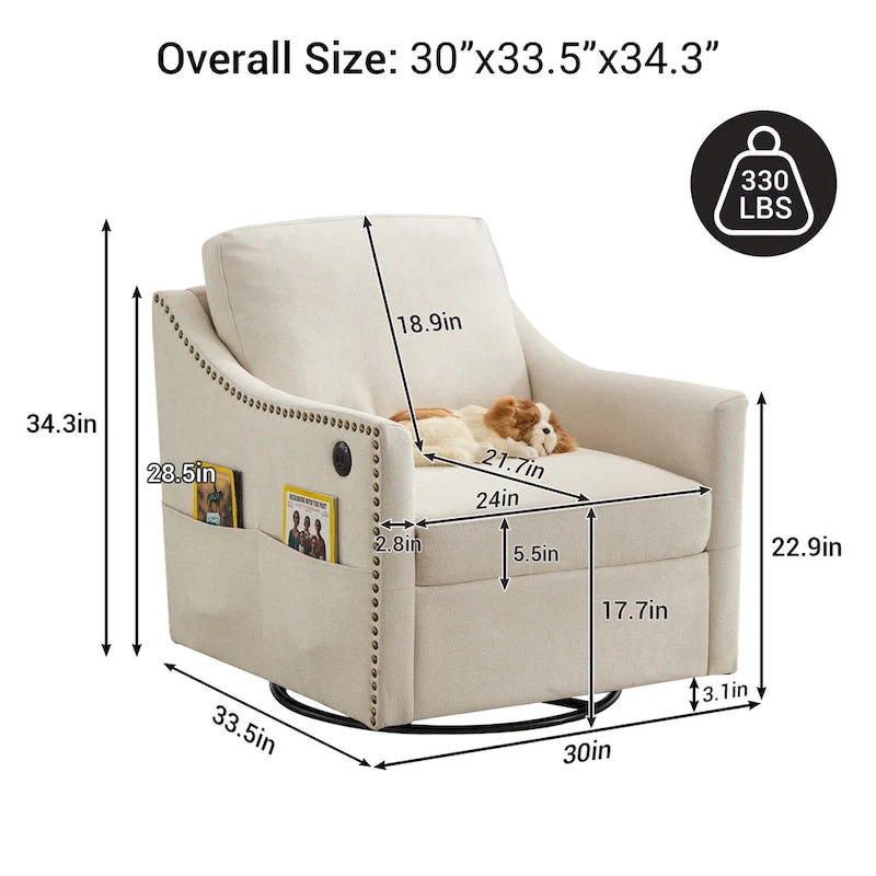 Fauteuil pivotant d'appoint en tissu avec ports USB