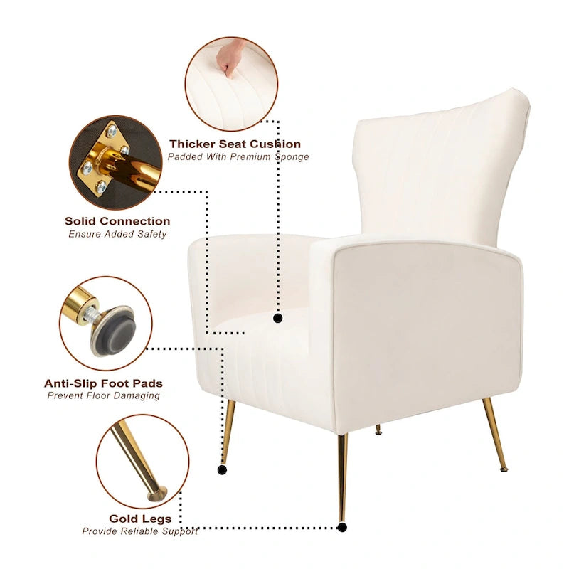 Fauteuil d'appoint en velours, fauteuil à oreilles avec pieds dorés, canapé simple rembourré pour salon et chambre à coucher
