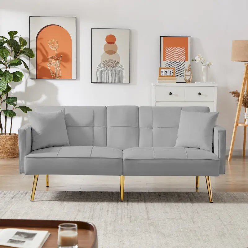Velvet Futon Sofa Bed with Gold Metal Legs