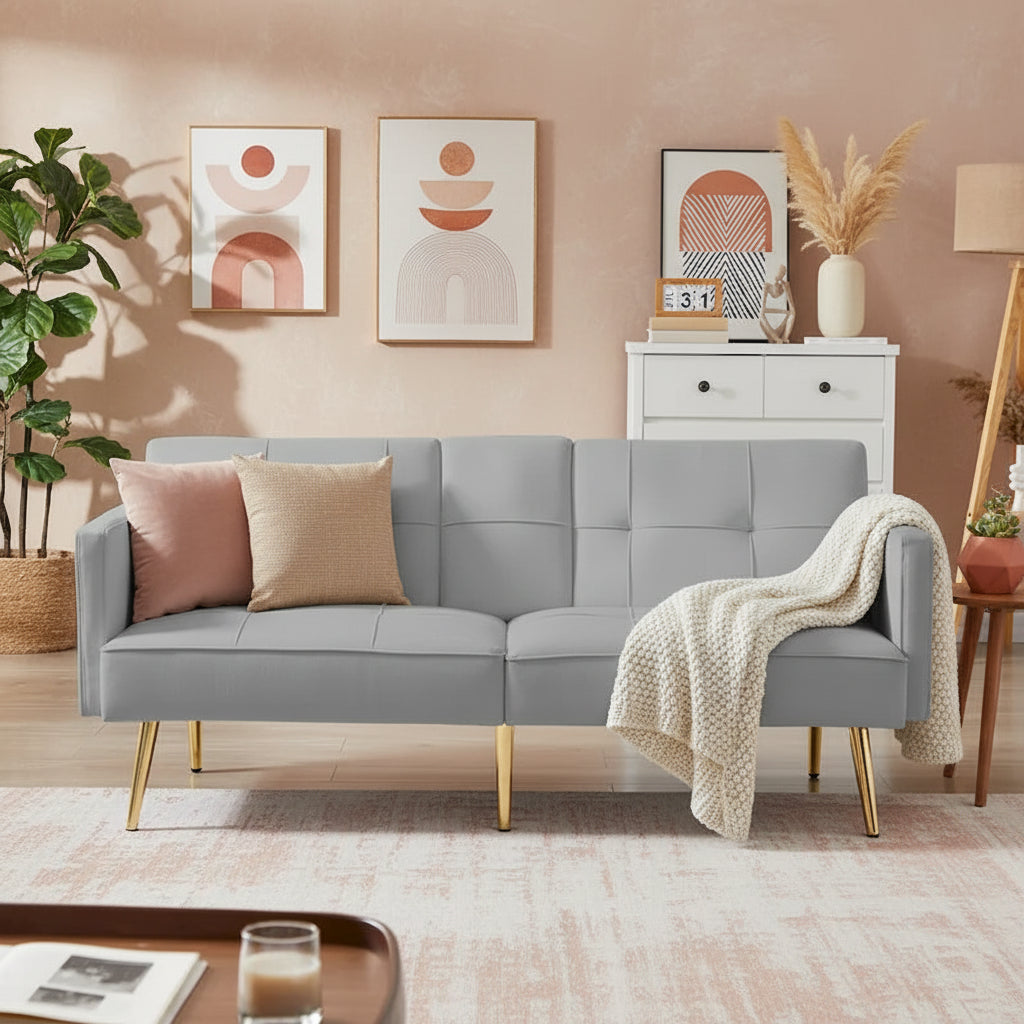 Velvet Futon Sofa Bed with Gold Metal Legs for Living Room, Entryway, Hallway, Office