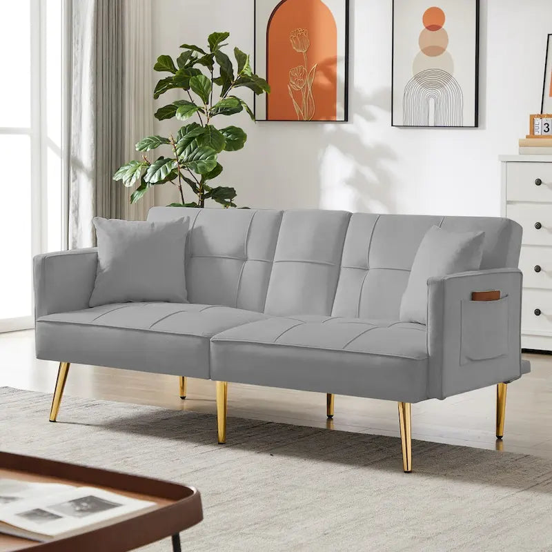 Velvet Futon Sofa Bed with Gold Metal Legs