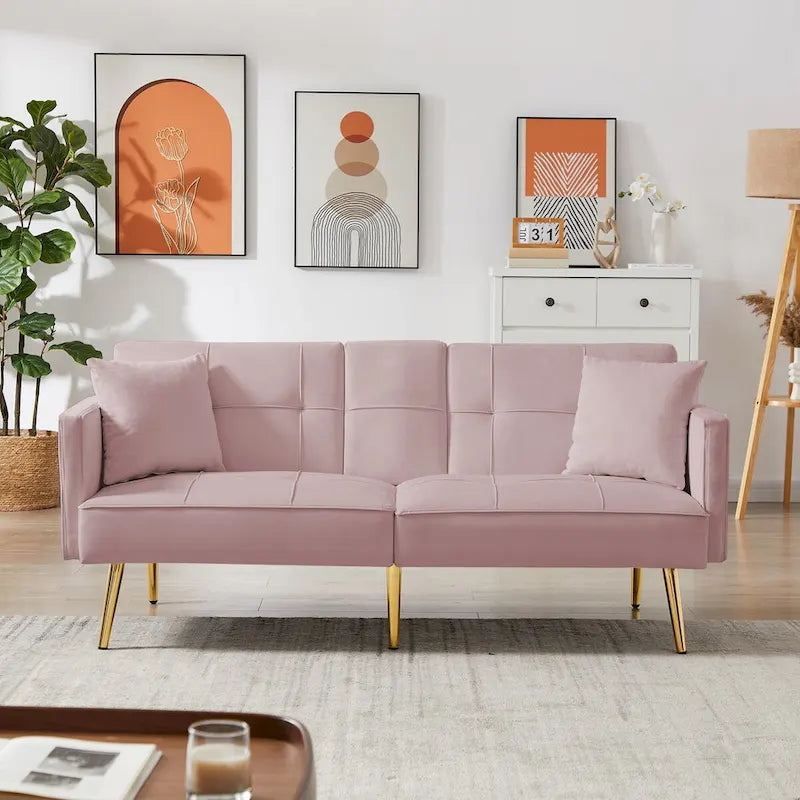 Canapé-lit futon en velours avec pieds en métal doré