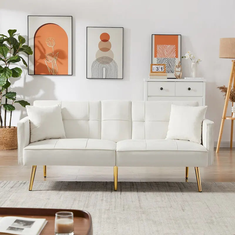 Canapé-lit futon en velours avec pieds en métal doré