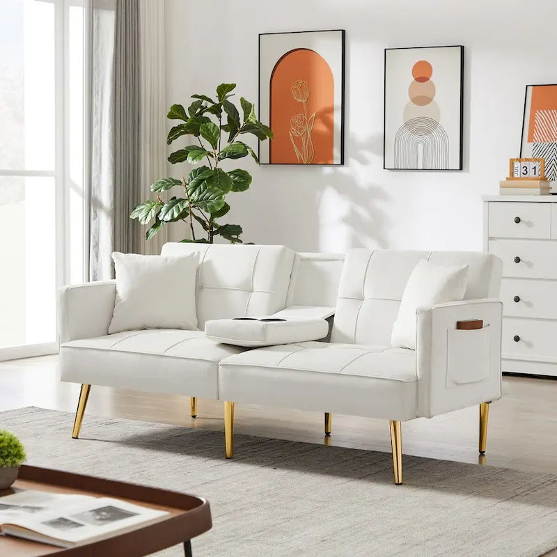 Canapé-lit futon en velours avec pieds en métal doré