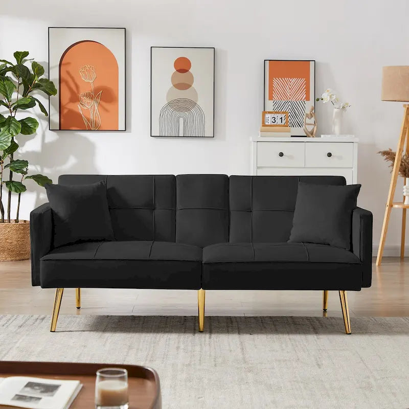 Canapé-lit futon en velours avec pieds en métal doré