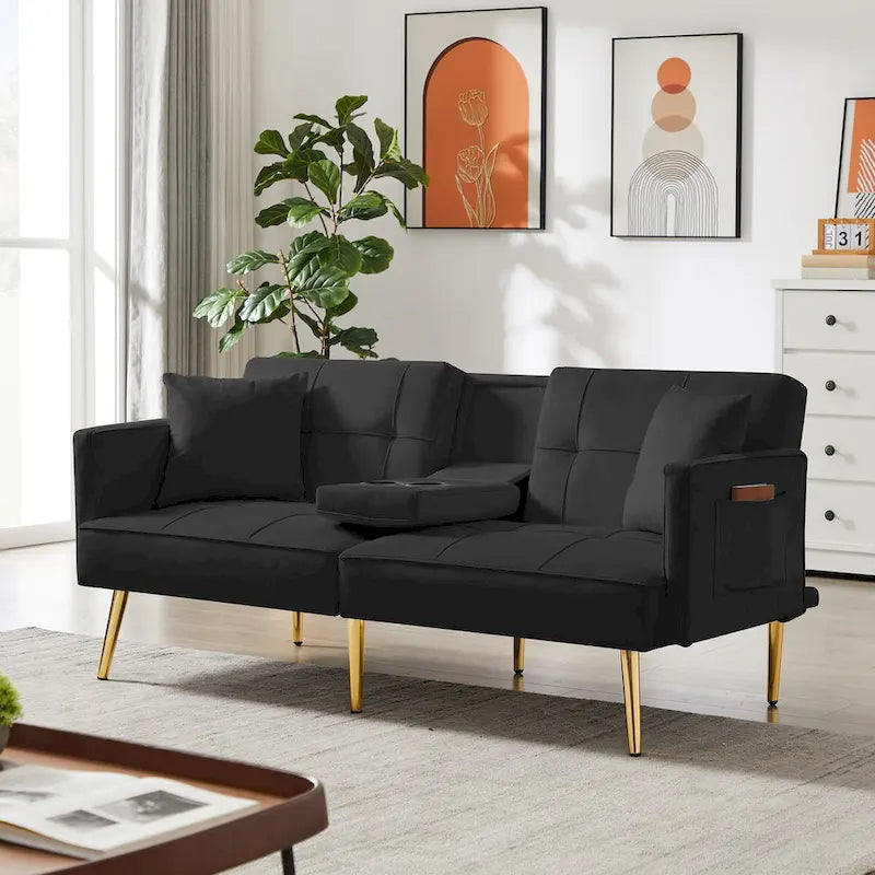 Canapé-lit futon en velours avec pieds en métal doré