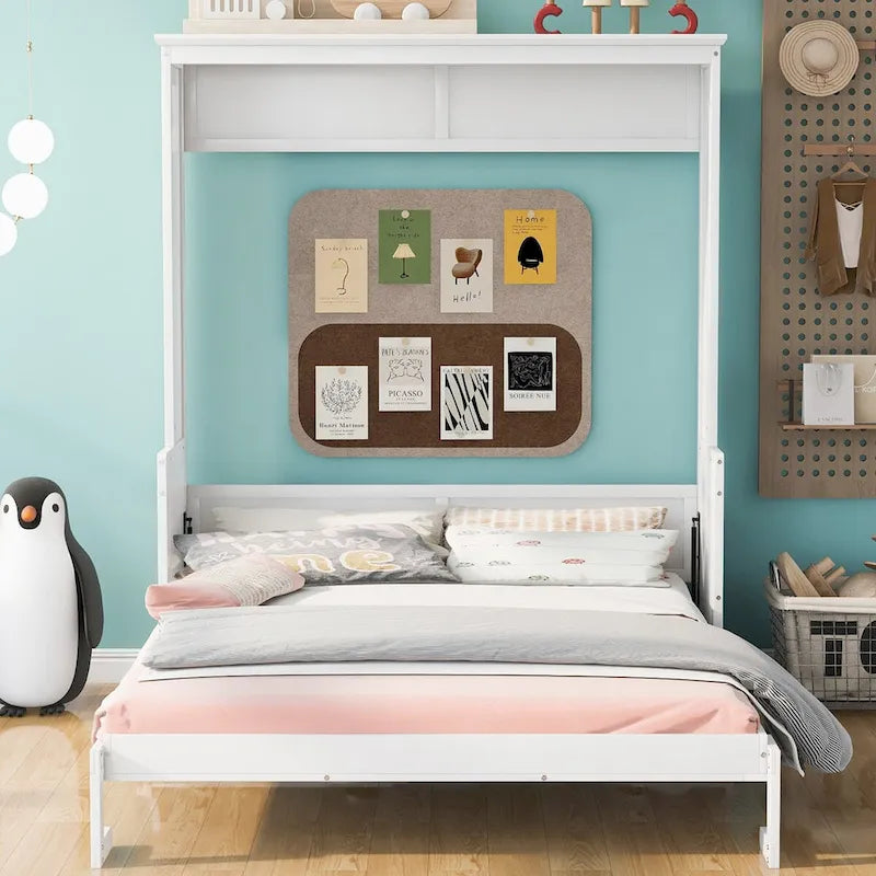 Lit escamotable en bois massif grand format avec une étagère