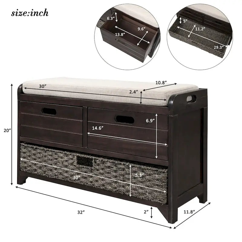 Banc de rangement avec panier amovible et 2 tiroirs