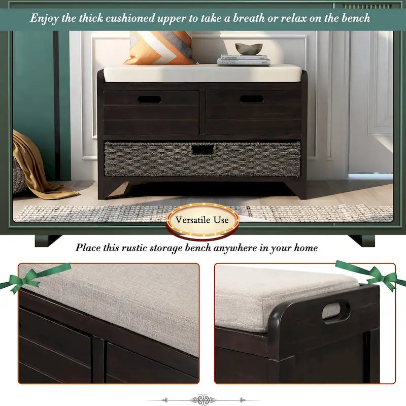 Banc de rangement avec panier amovible et 2 tiroirs