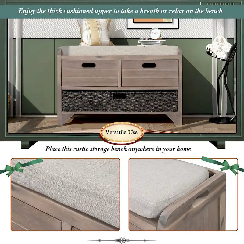 Banc de rangement avec panier amovible et 2 tiroirs