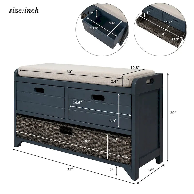 Banc de rangement avec panier amovible et 2 tiroirs