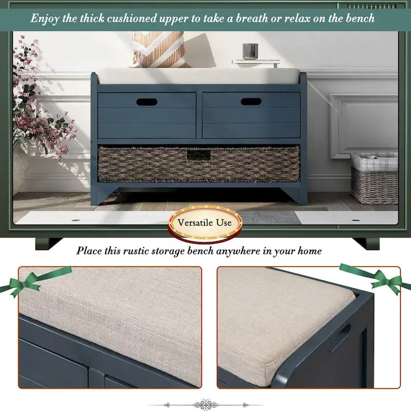 Banc de rangement avec panier amovible et 2 tiroirs