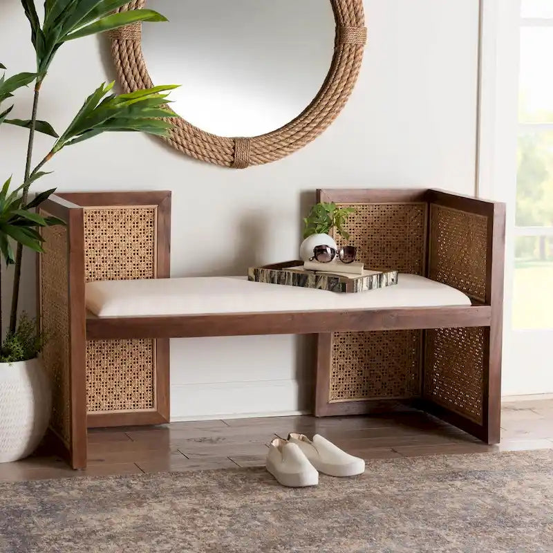 Banc d'appoint Bohème en rotin clair et bois d'acacia