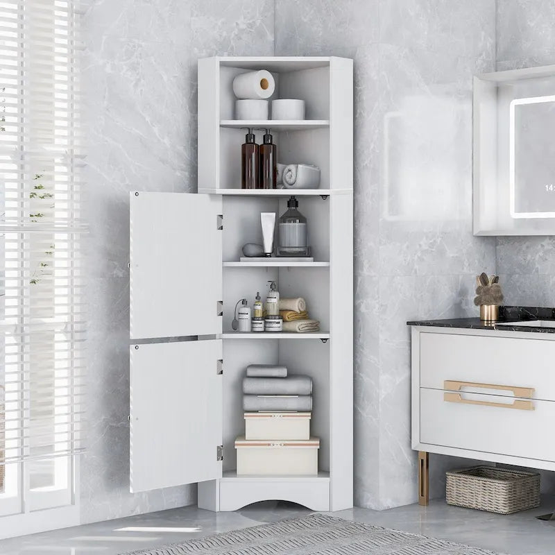 Tall Bathroom Corner Storage Cabinet with Doors and Adjustable Shelves