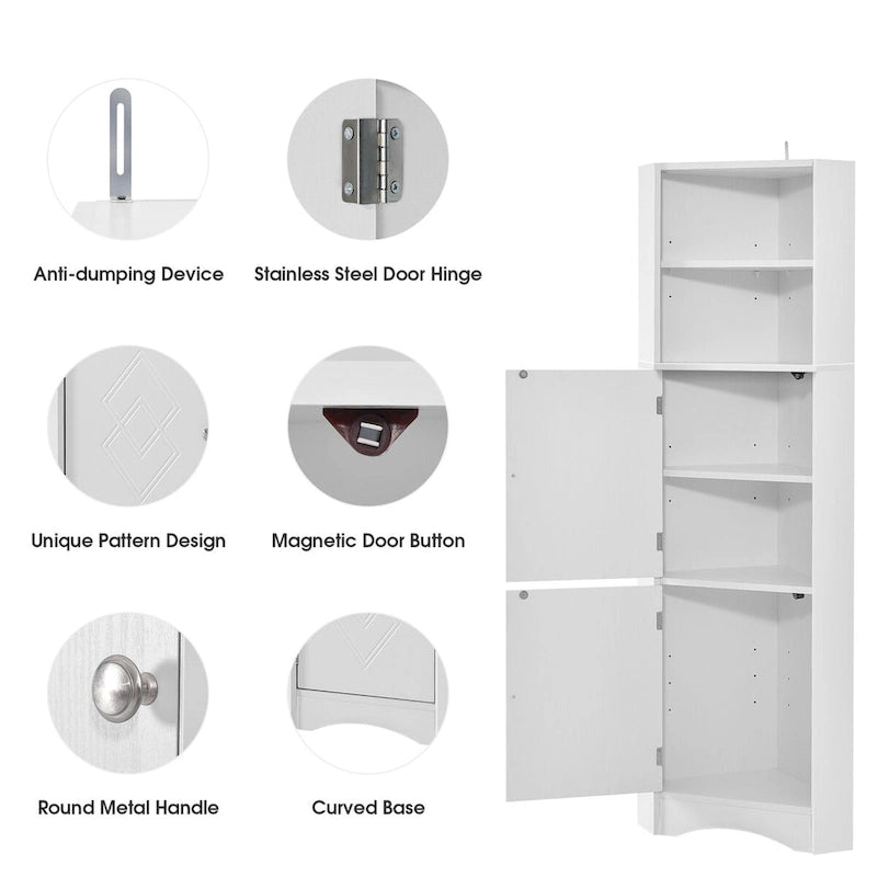 Tall Bathroom Corner Storage Cabinet with Doors and Adjustable Shelves