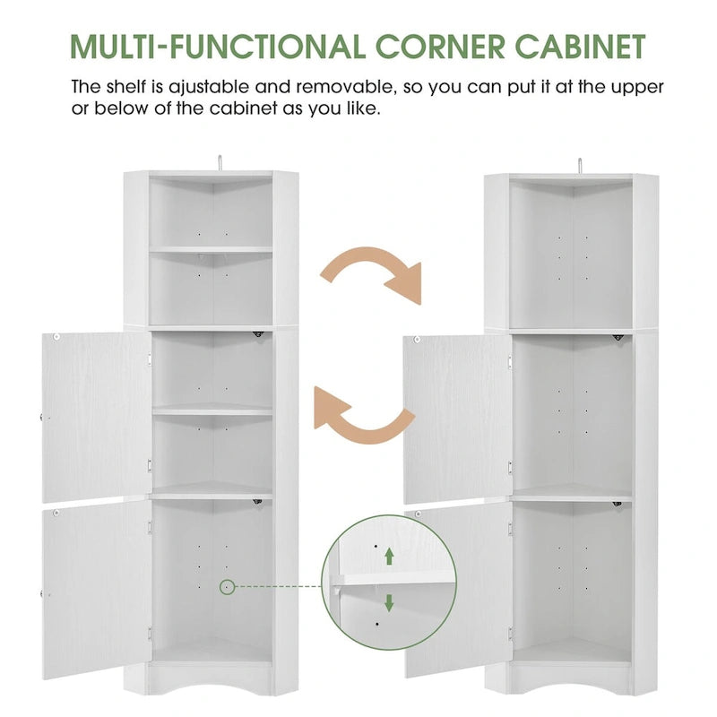 Tall Bathroom Corner Storage Cabinet with Doors and Adjustable Shelves