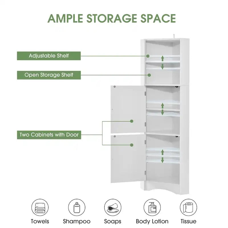 Tall Bathroom Corner Storage Cabinet with Doors and Adjustable Shelves