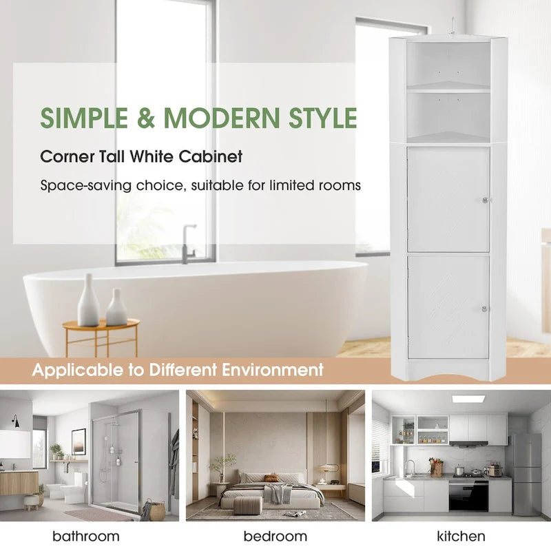 Tall Bathroom Corner Storage Cabinet with Doors and Adjustable Shelves