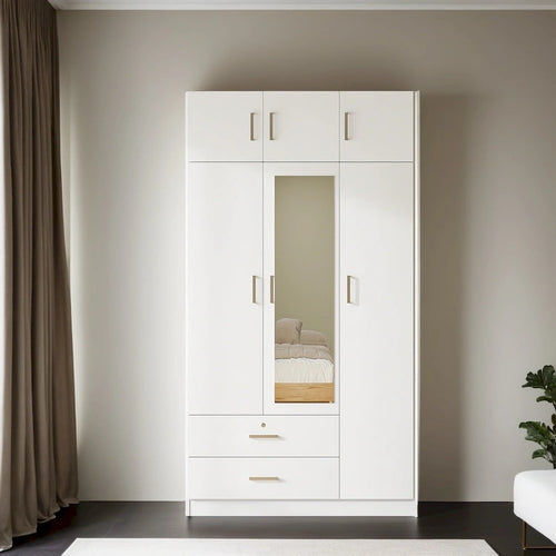 Armoire penderie miroir 3 portes avec 2 tiroirs et meuble haut