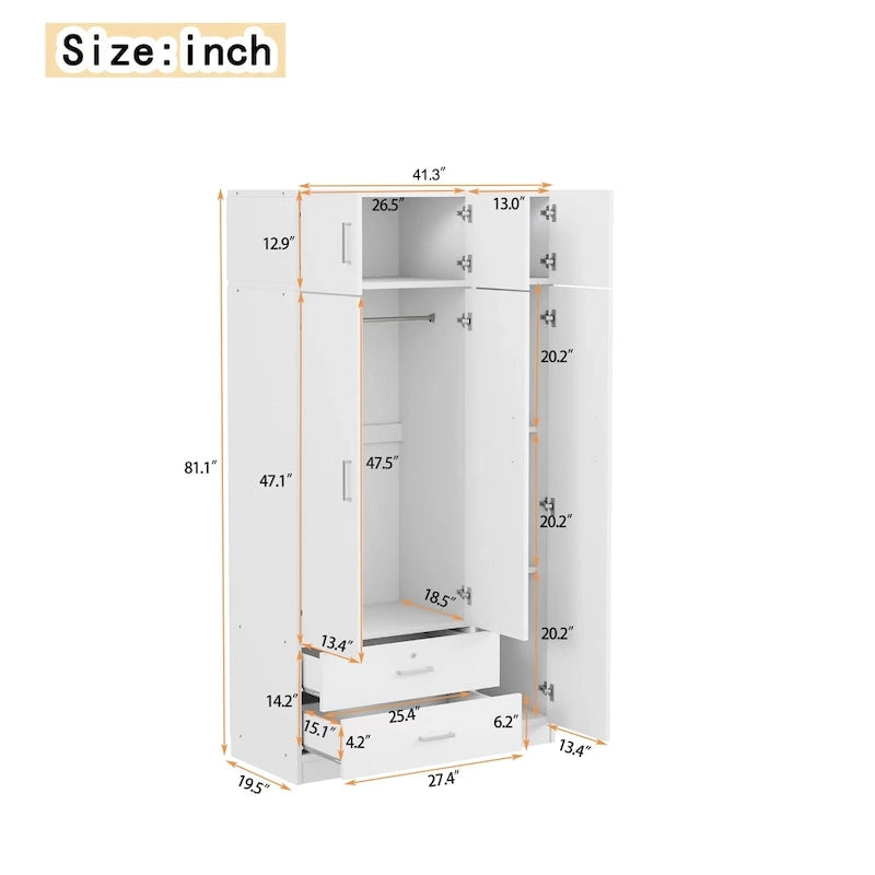 Armoire penderie miroir 3 portes avec 2 tiroirs et meuble haut