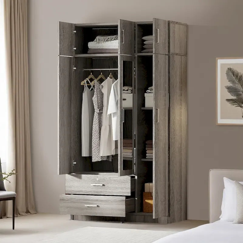 Armoire penderie miroir 3 portes avec 2 tiroirs et meuble haut