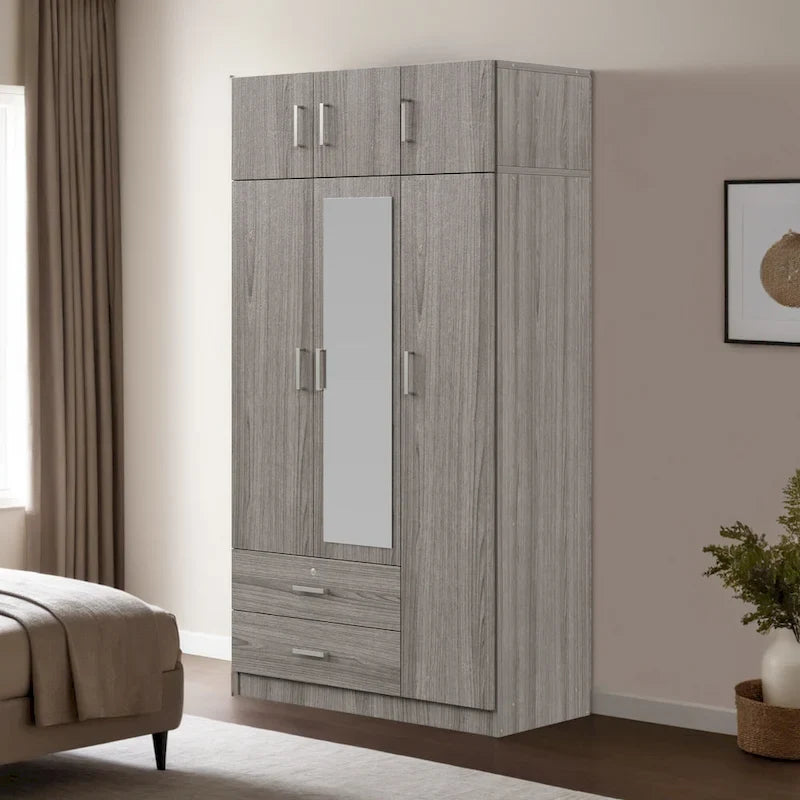 Armoire penderie miroir 3 portes avec 2 tiroirs et meuble haut