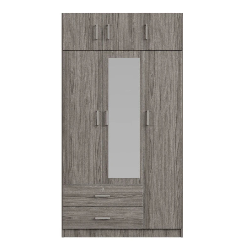 Armoire penderie miroir 3 portes avec 2 tiroirs et meuble haut