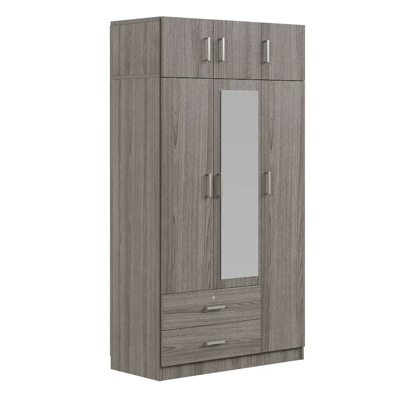 Armoire penderie miroir 3 portes avec 2 tiroirs et meuble haut