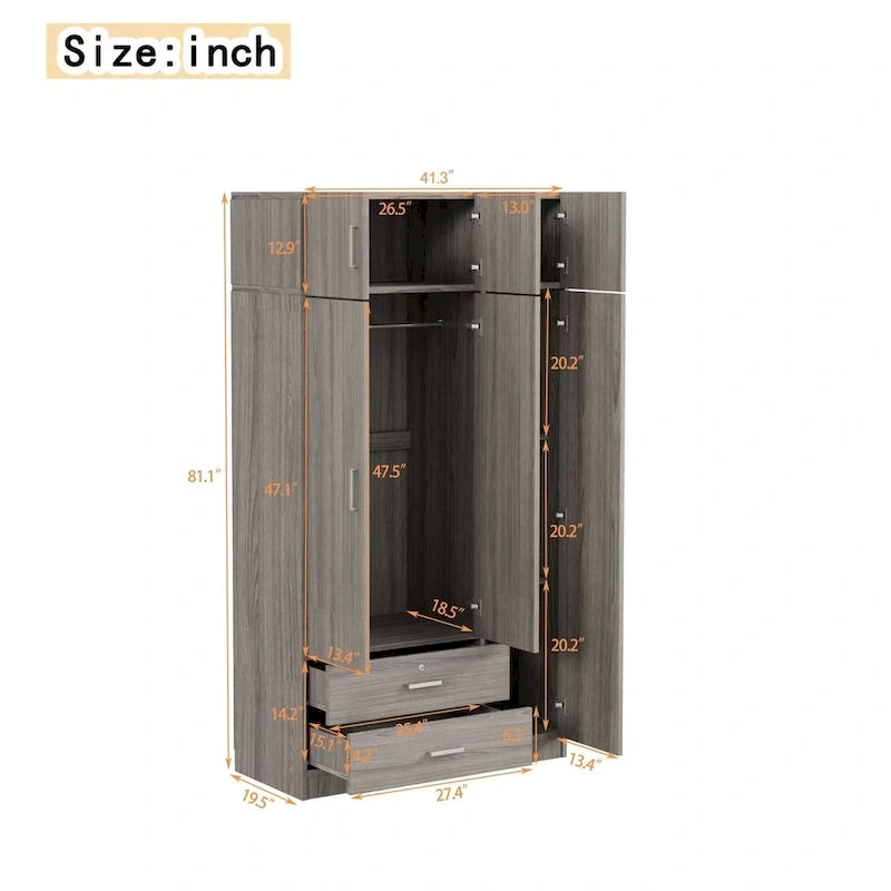 Armoire penderie miroir 3 portes avec 2 tiroirs et meuble haut