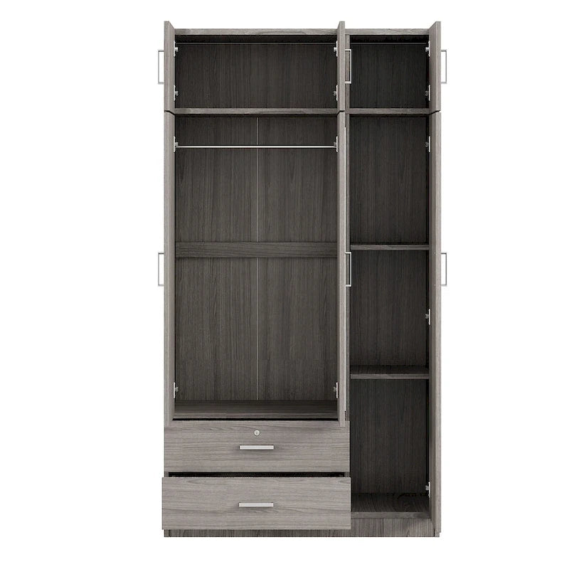 Armoire penderie miroir 3 portes avec 2 tiroirs et meuble haut