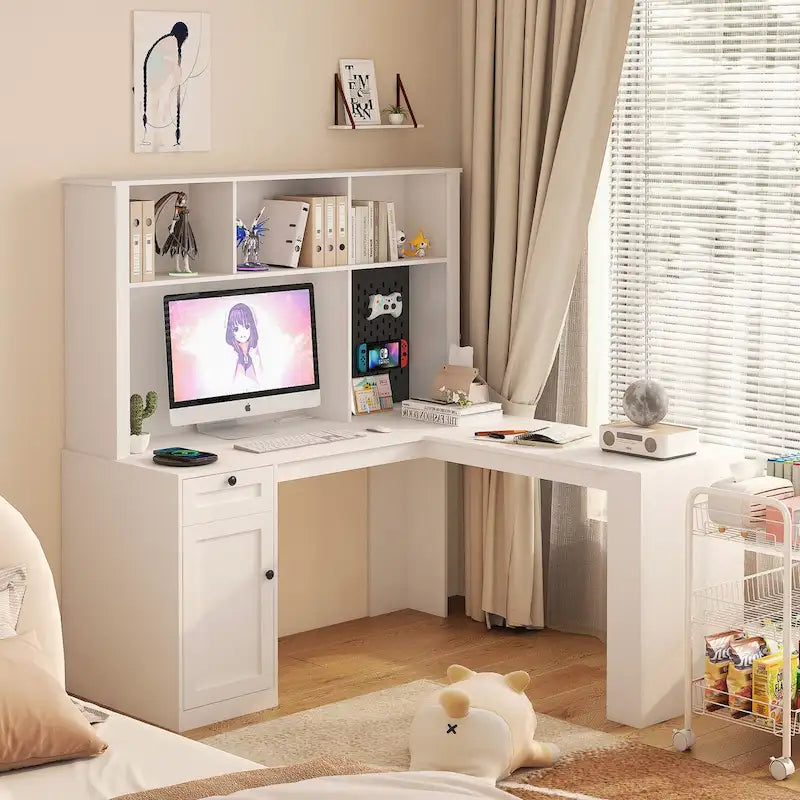 L-Shaped Corner Desk with Outlet, Drawers & Bookshelf Hutch