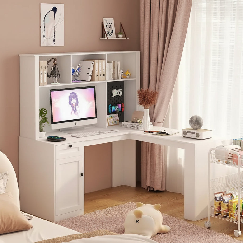 L Shaped Desk with outlet, Computer Desk with Drawers, Bookshelf & Hutch, Modern Corner Desk, Home Office Desk