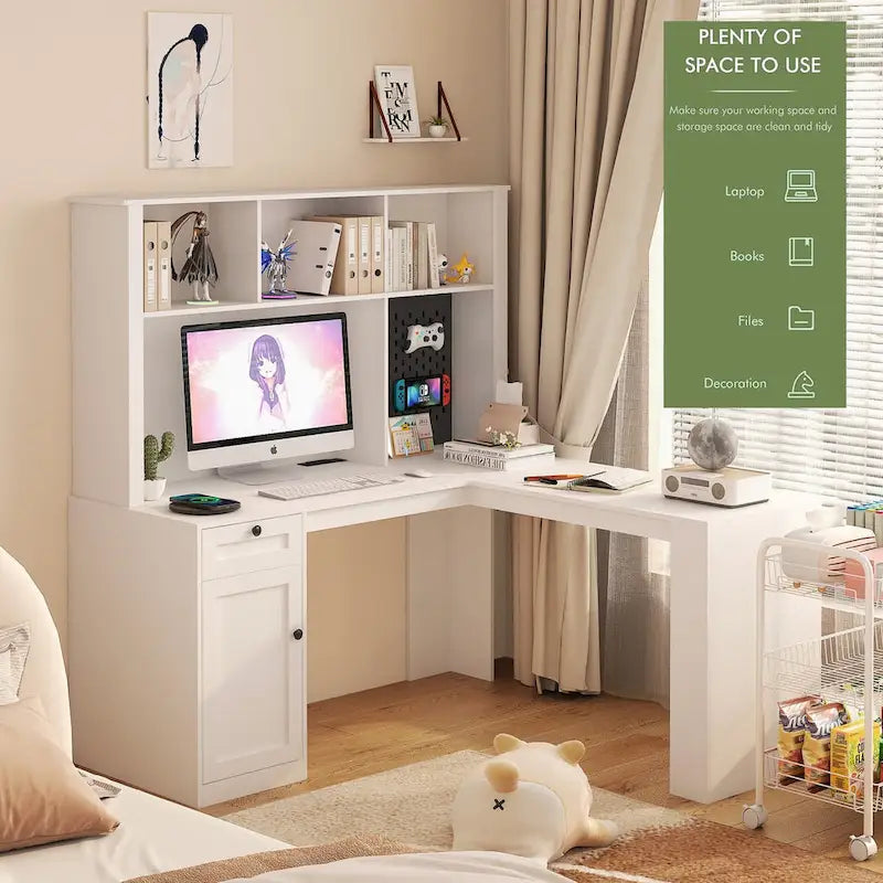 L-Shaped Corner Desk with Outlet, Drawers & Bookshelf Hutch