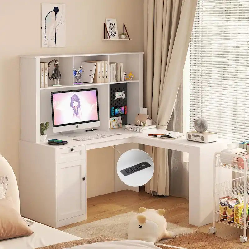 L-Shaped Corner Desk with Outlet, Drawers & Bookshelf Hutch