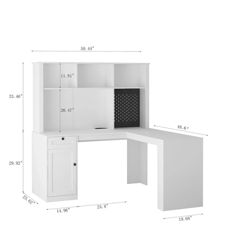 L-Shaped Corner Desk with Outlet, Drawers & Bookshelf Hutch
