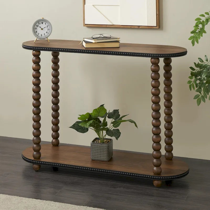 Wood Oval Spindle 1 Shelf Console Table with Beaded Edges - Brown