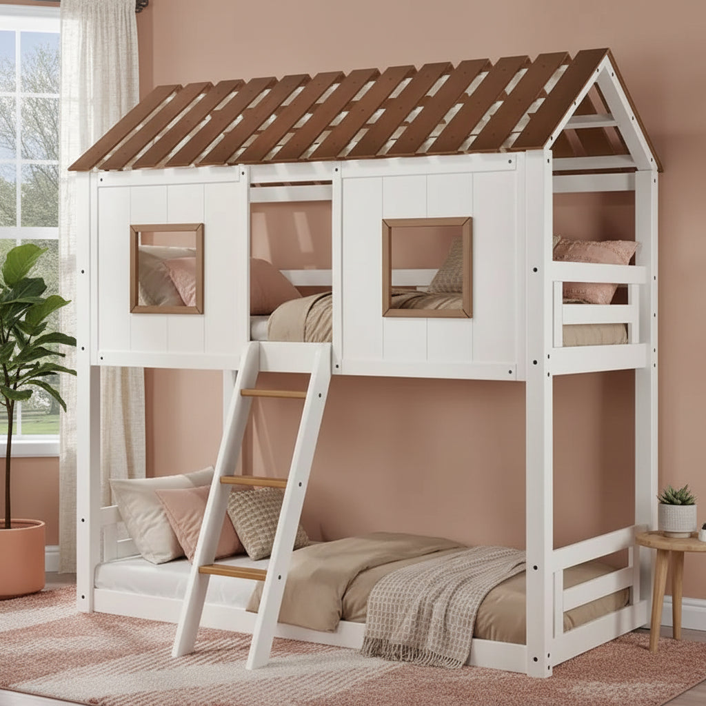 Wooden Twin Over Twin Bunk Bed - White